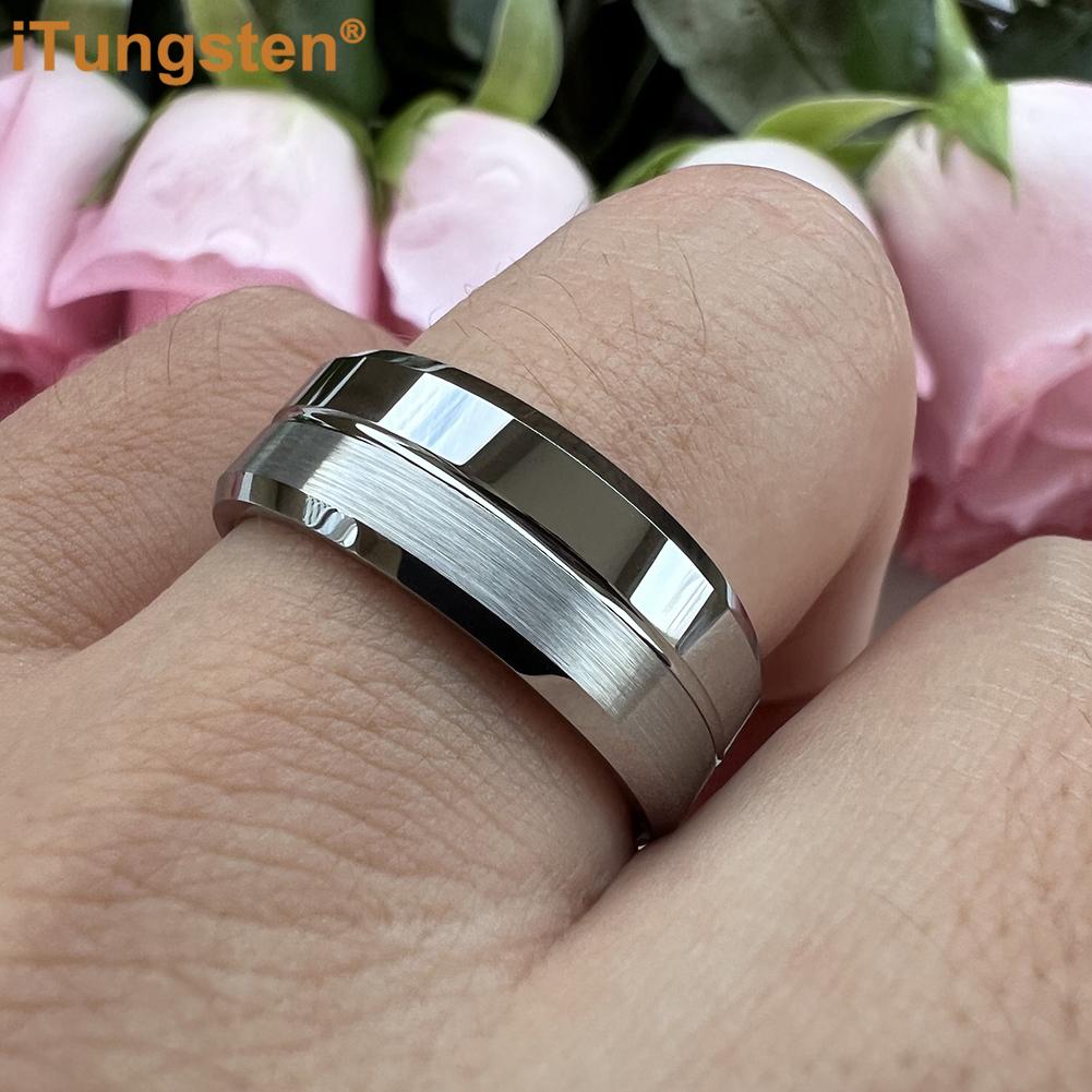 

iTungsten Men Women Nice Wedding Band Classic Tungsten Carbide Ring Grooved Beveled Polished Brushed Finish Comfort Fit 5