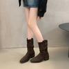 Retro Style Square Head Thick Heel Pleated Piled Boots Women's 2025 New Autumn and Winter Versatile Small Medium Tube Fashion Boots