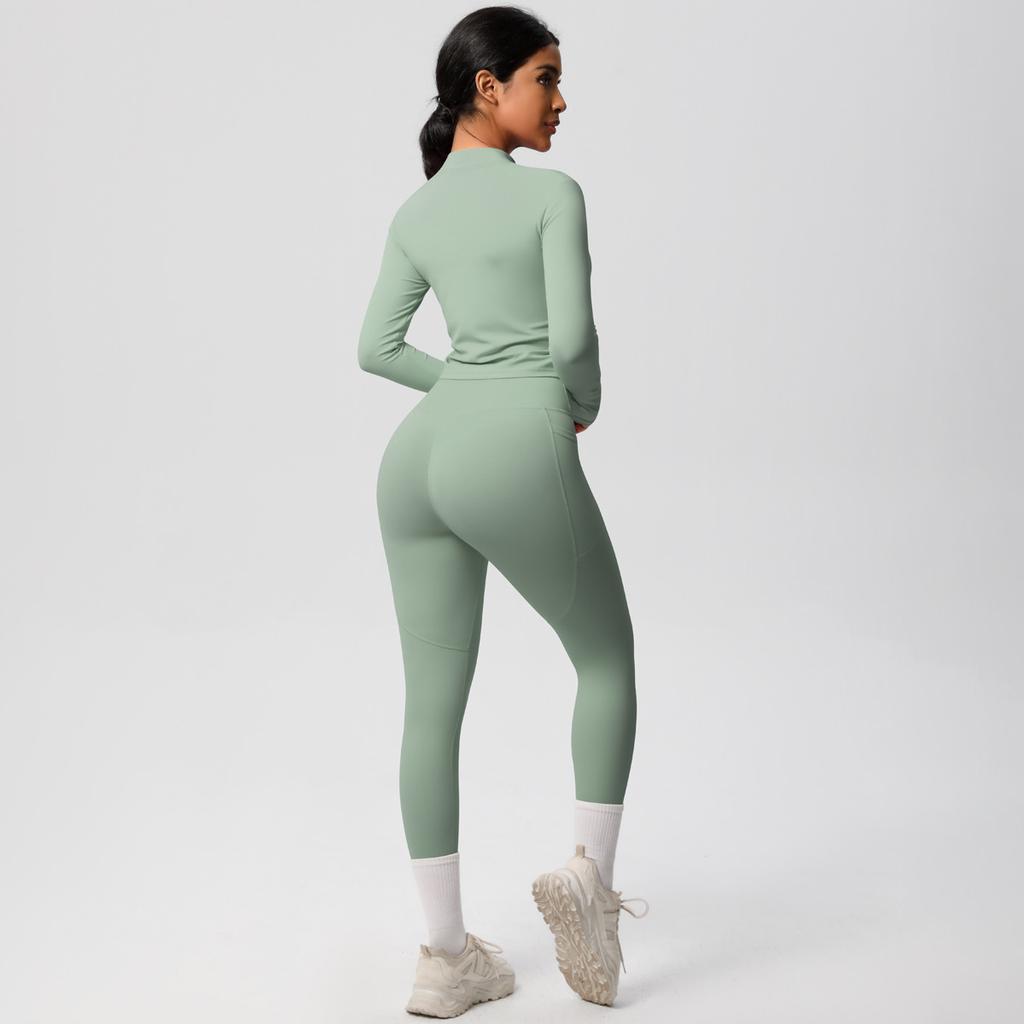 Naked Tight Zipper Jacket Yoga Suit Set, High Waist Pocket Quick Drying Exercise Running Fitness Two-Piece Set For Women