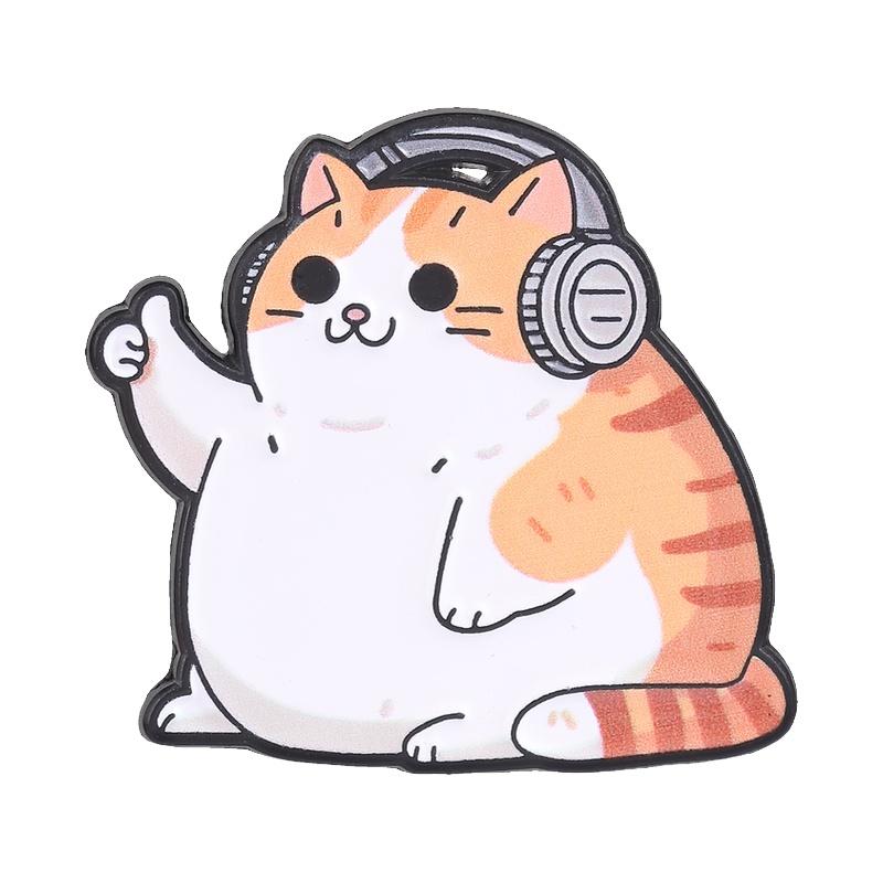 Cute Chubby Orange Cat Enamel Pin Thumbs Up Gesture Headphones Music Kitten Cartoon Animal Brooch Lapel Badge Jewelry Gift