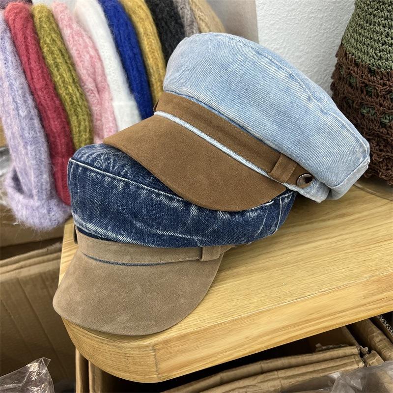 

Autumn new denim flat top military hat women s suede brim splicing British fashion cap M（56-58cm） світло-синій колір