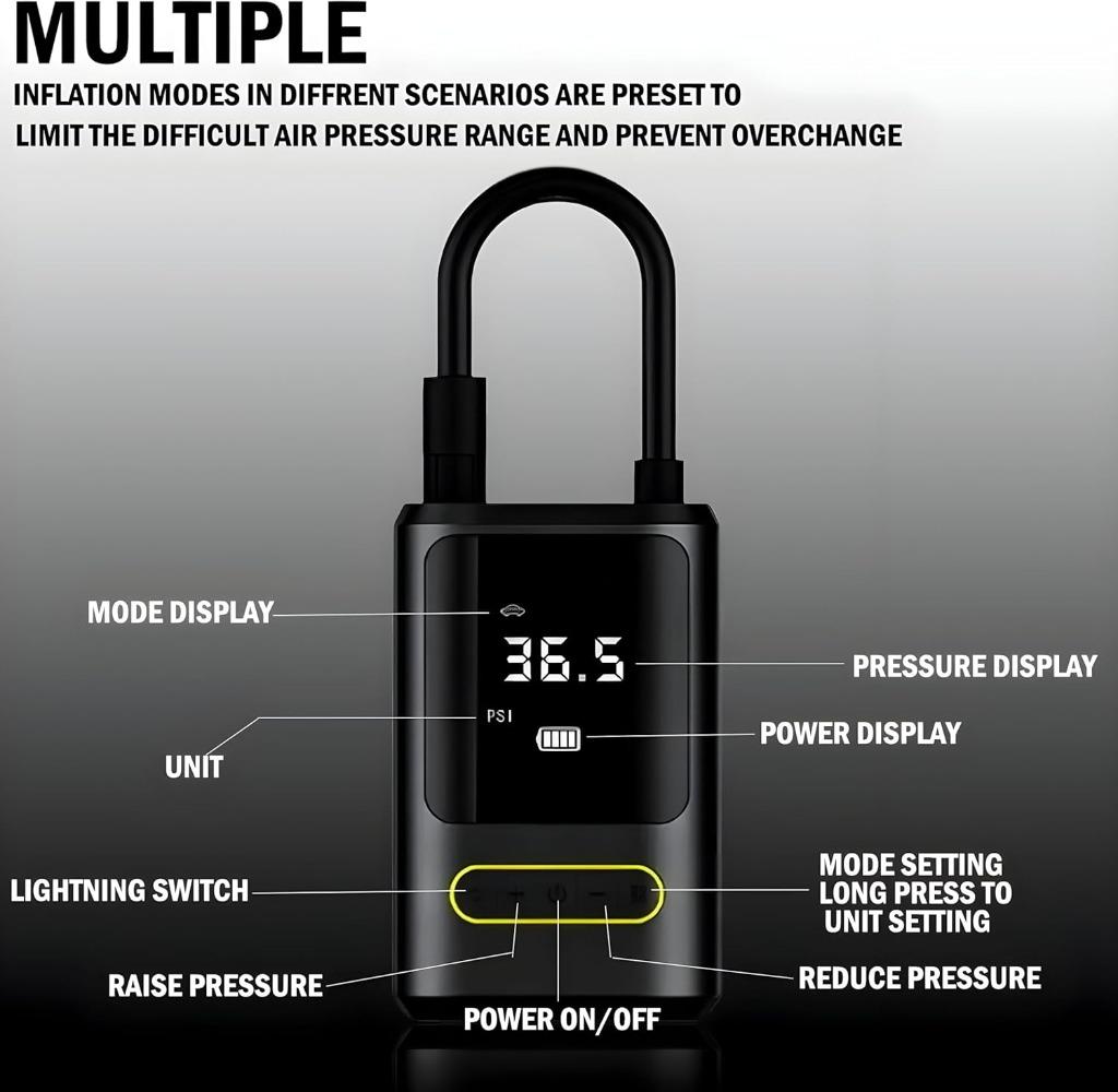 Compresor de aer portabil, 150PSI Pompă de umflat anvelope auto fără fir 4000mAh Pompă de aer reîncărcabilă cu oprire automată, 4 moduri de umflare, Ecran LCD