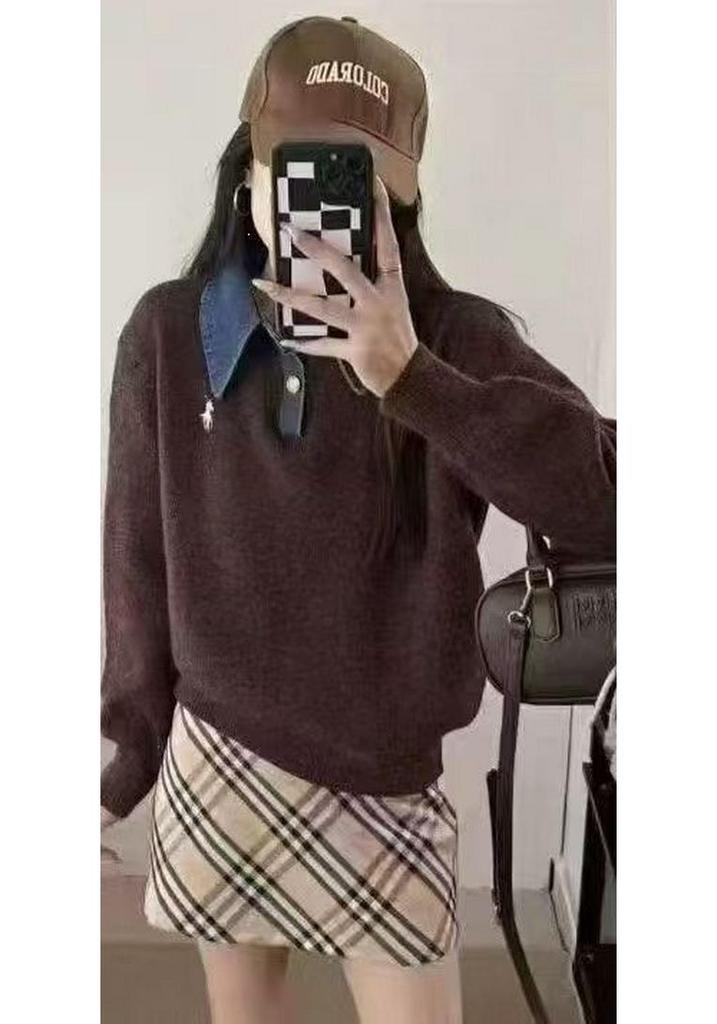 Women's Loose Polo Collar Denim Patchwork Two-Piece Sweater - Autumn Winter 2026 Knitwear Fashion Top