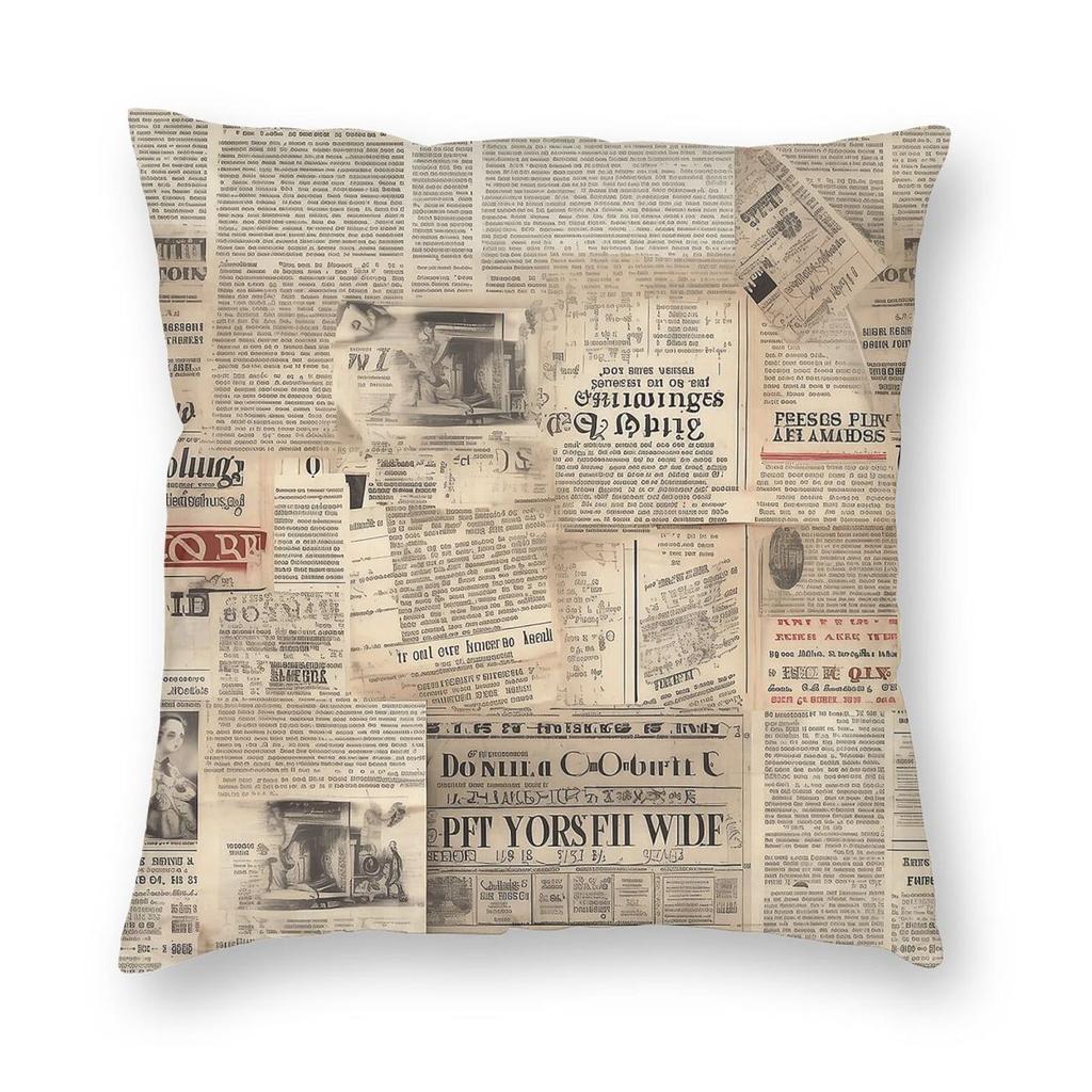 Junk Journal Vintage Newsprint Pillowcase Polyester Linen Velvet Pattern Zip Decor Room Cushion Cover