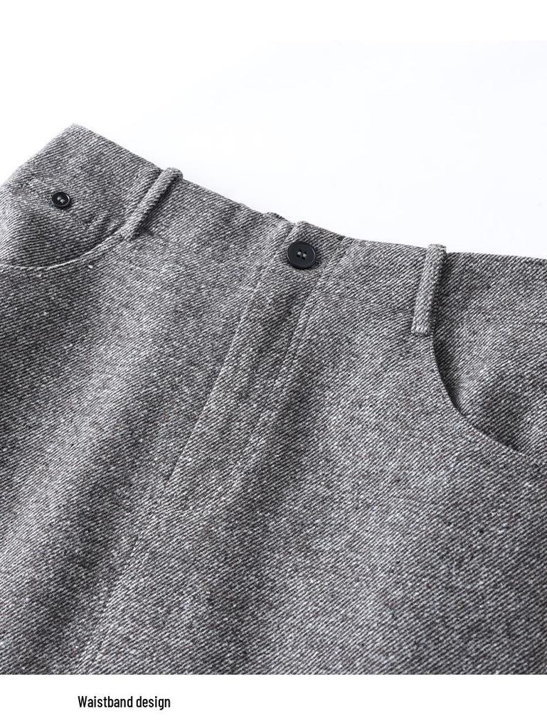 Woolen Half-Skirt: Women's 2025 Winter Brown-Gray Casual Slit Midi Skirt