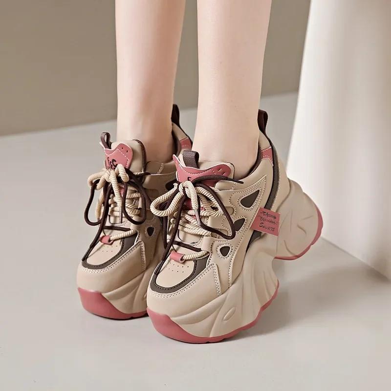 Fashion New Spring Autumn Non-slip Chunky Sneakers Women Lace-up High Platform Leather Sports Dad Shoes 7CM Heels Casual Shoes Woman