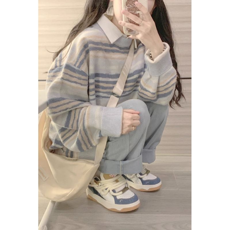 

Stripes Oversize Small Gentle Soft Glutinous Sweater Blue apricot XL recommended 60.00 kg-67.50 kg