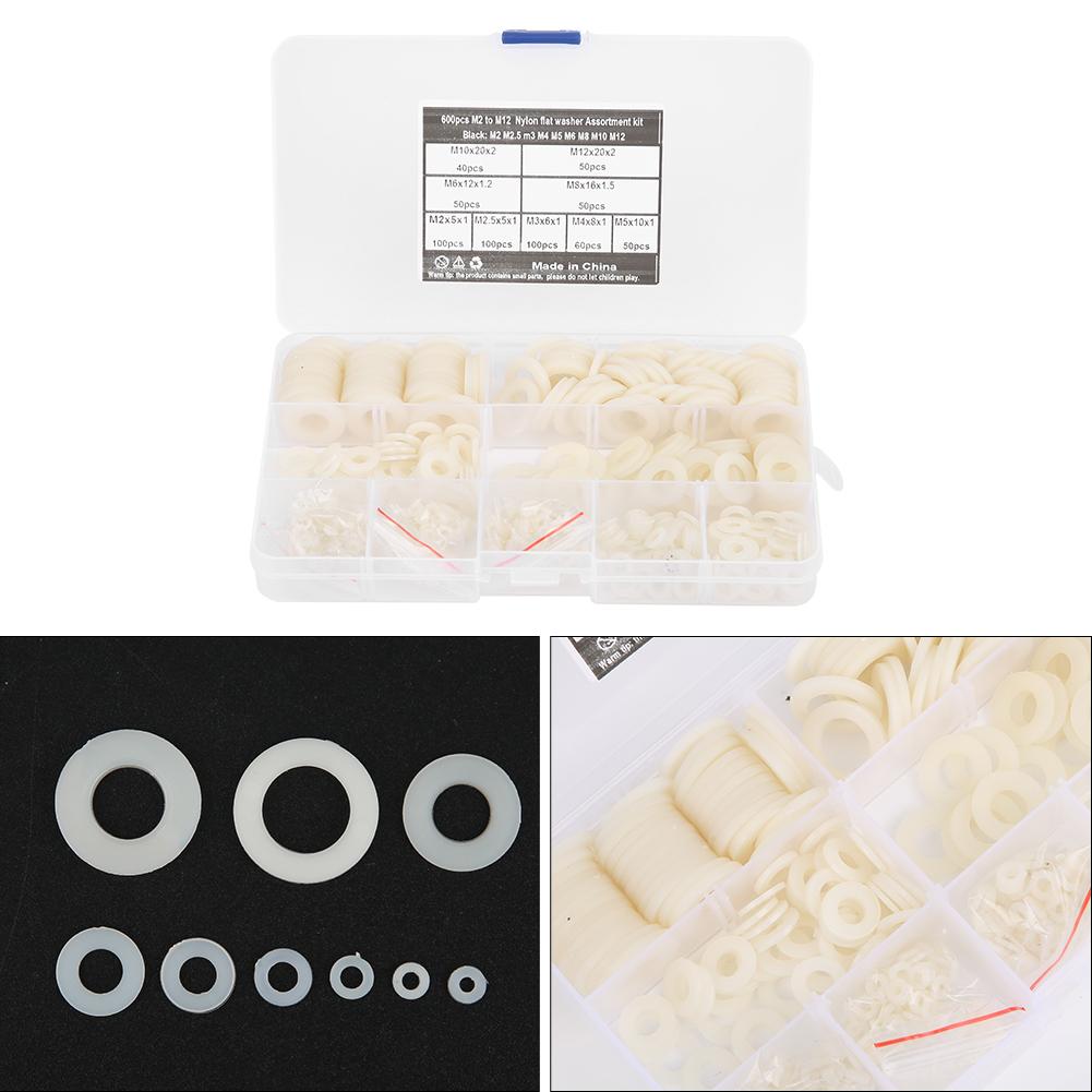 

600 шт. плоских шайб 9 размеров, белые нейлоновые прокладки, набор крепежных инструментов M2M12