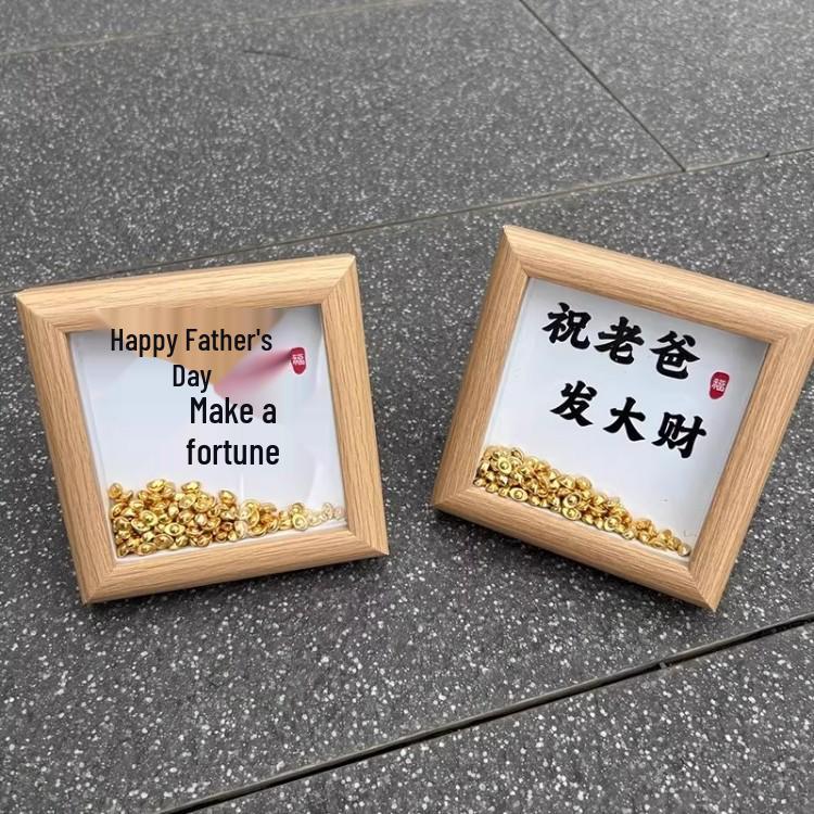 Gold Ingot Photo Frame Wooden Ornament - Creative DIY Gift for Dad