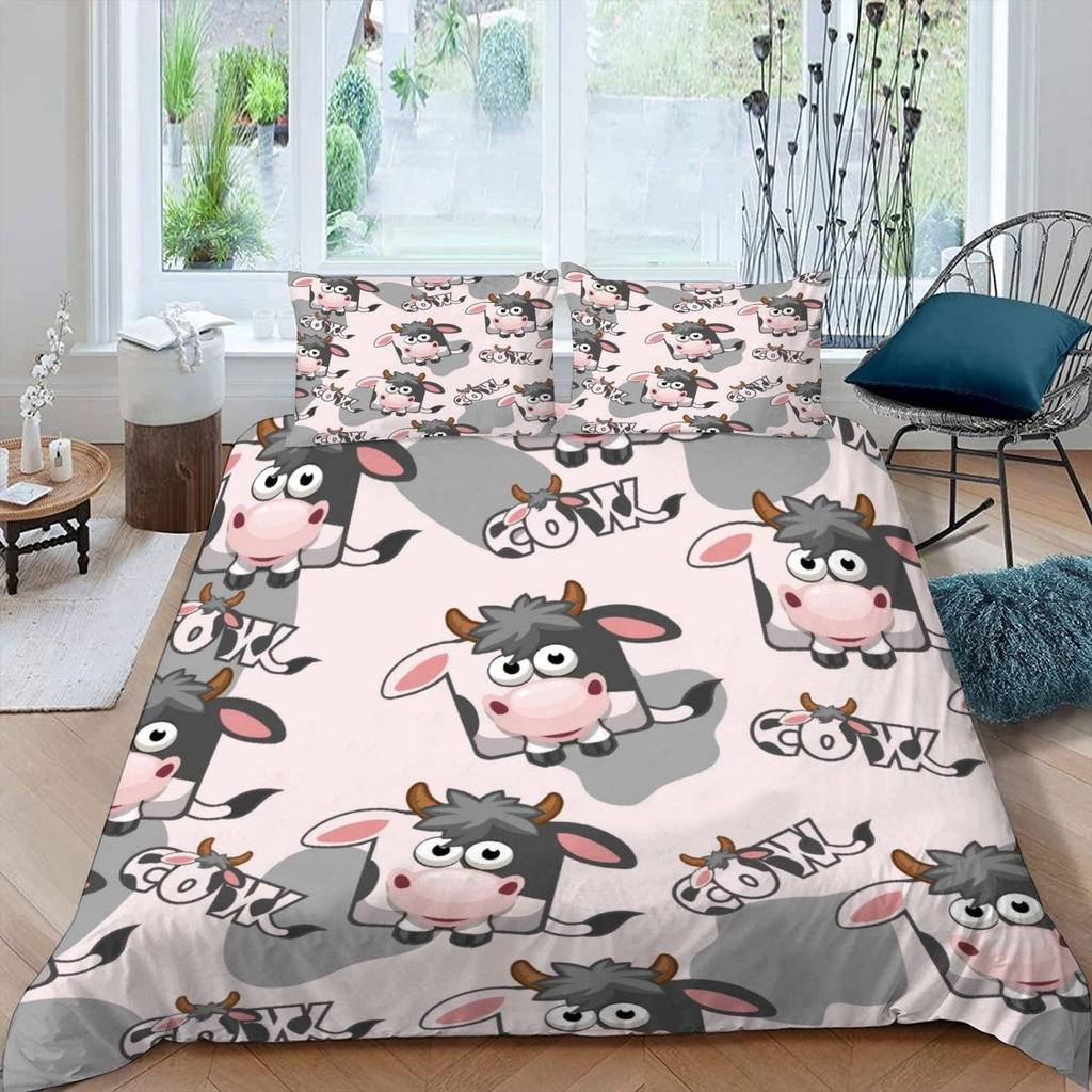 Cute Cows Duvet Cover Set Kawaii Farm Animal Bedding Set Microfiber Floral Comforter Cover Twin King For Kids Boys Girls Decor