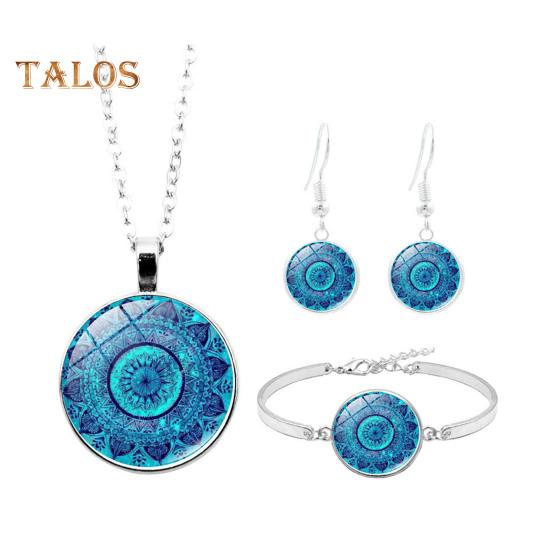 1 Set Women Jewelry Set Flower Print Glass Pendant Vintage Ethnic Style Prom Party Earrings Necklace Bracelet Combo Ideal Christmas Gift