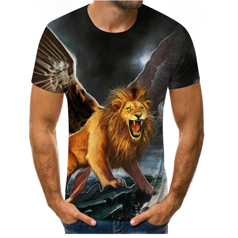 Summer New Style 3D Digital Print round Neck Short Sleeve T-Shirt Lion Tiger Pattern Men's Casual Top Quality Polyester V-Neck