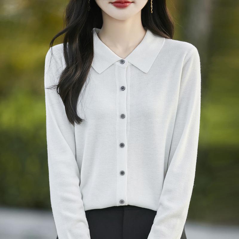 Fine Merino Wool Polo Collar Knit Cardigan - 2025 Spring Collection, Solid Color, Loose Fit, Versatile Outerwear.