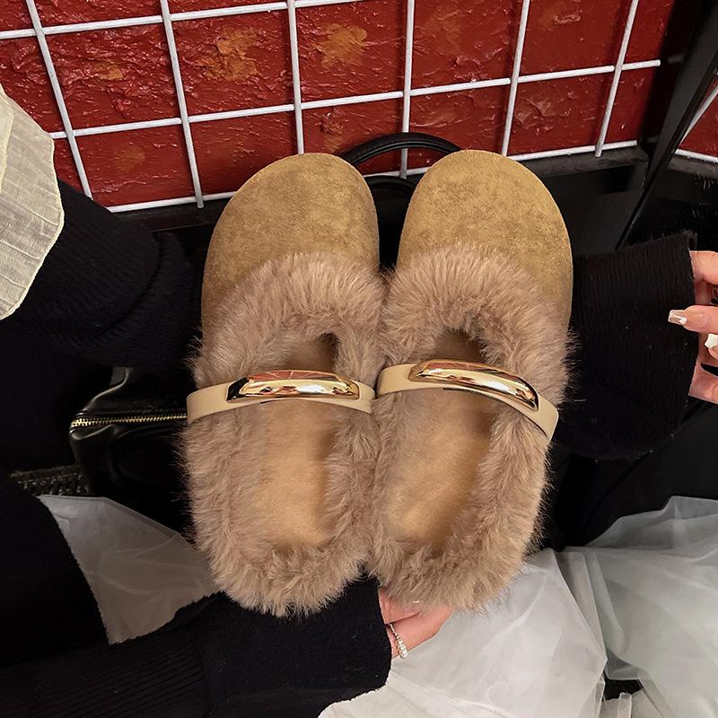 French temperament evening breeze flat heel cotton drag girl velvet 2025 autumn and winter new fairy fluff outside wearing Mary Jane slippers