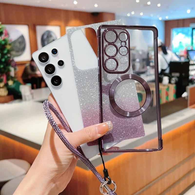 For Samsung Galaxy S25+ Magnetic Case TPU Phone Cover with Strap Heart Gradient Sparkle