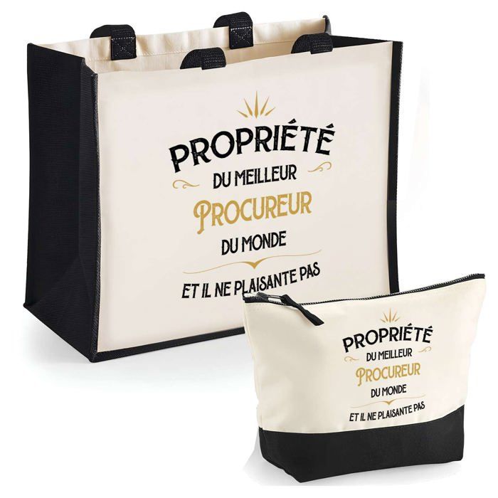 Tote bag - PLANETEE - Duo Cabas Jute & Trousse - Message "Propriété du Meilleur Procureur" - Jute/Coton 33x42 cm - Made in France