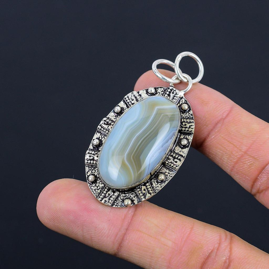 Womens day Sale Oval Botswana Agate Gemstone 925 Silver Wedding Pendant Jewelry