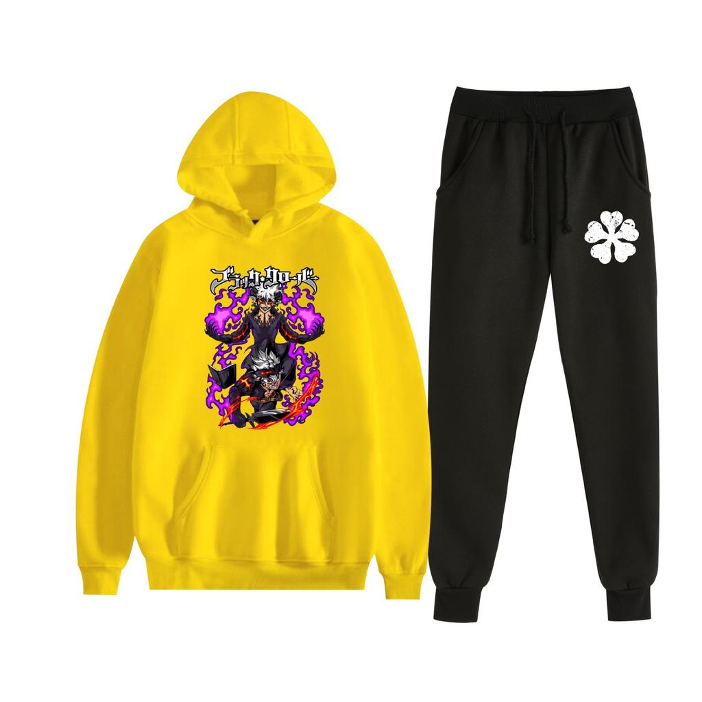 Europe, America, Autumn and Winter Black Four-leaf Clover Peripheral Two-dimensional Men's and Women's Leisure Sports Fleece Hooded Sweater Set 