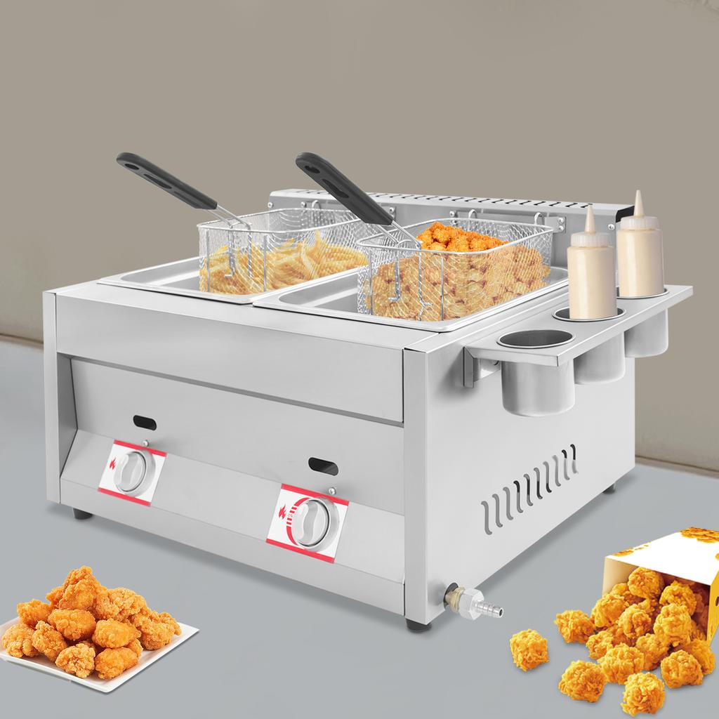 6L Gas Deep Fryer with Basket and Lid Stainless Steel Commercial Dual Tank Deep Fryer 50-380°C Used To Fry French Fries, Chicken