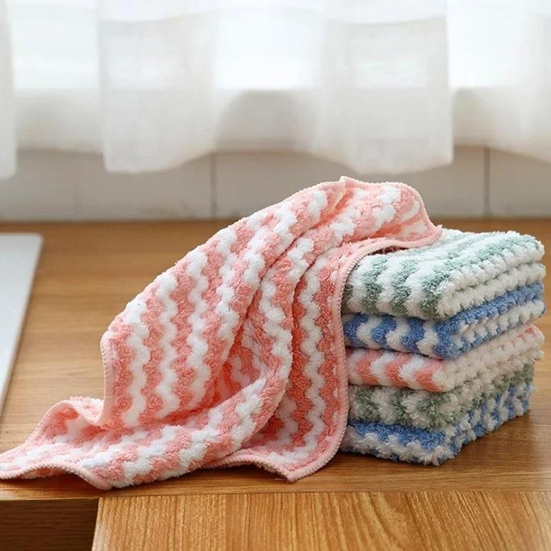 New Thickened Coral Fleece Cloth Wave Striped Cleaning Cloth Home Kitchen Cleaning Supplies Absorbent Cloths Dishwashing Cloths