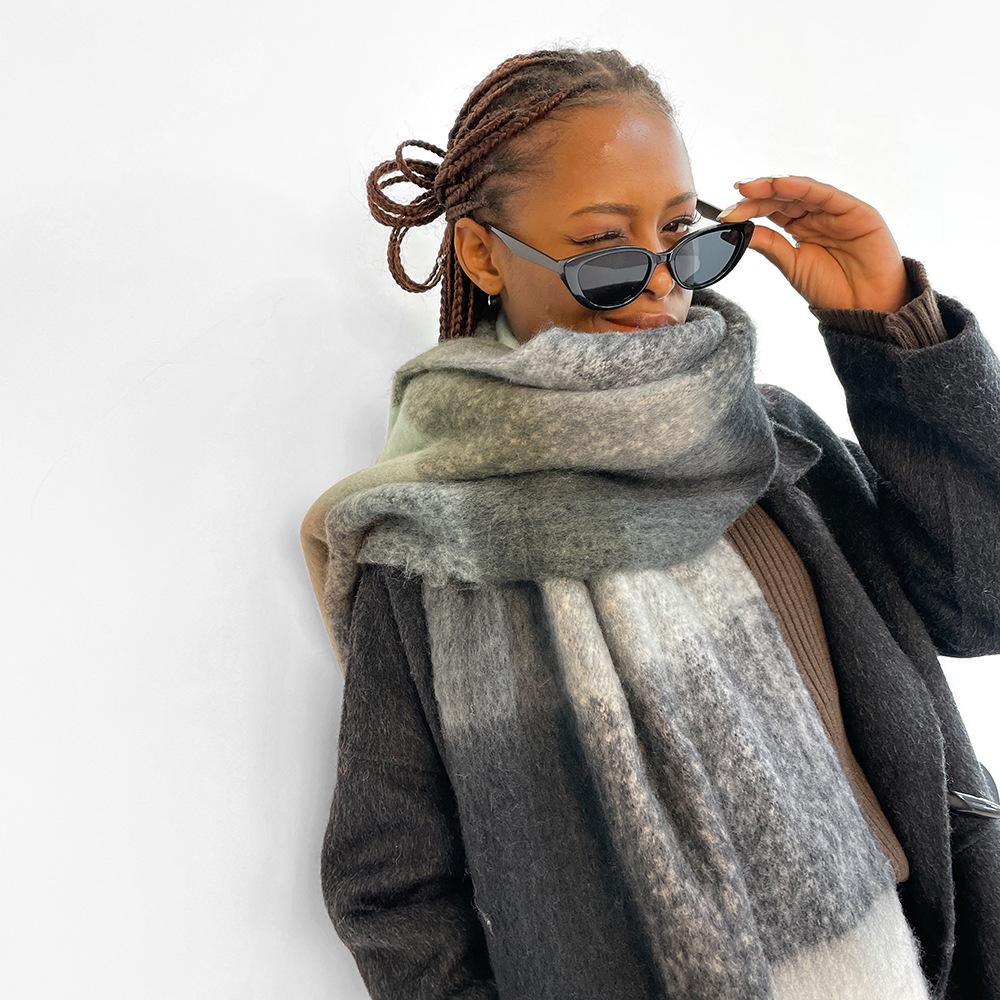 Color plaid scarf women's winter warm scarf mohair thickened long scarf hot shawl