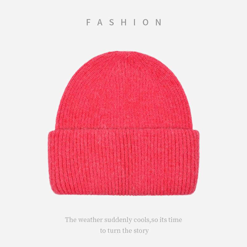 Soft Sticky Rabbit Fur Knitted Woolen Hat for Women In Winter Solid Color Warm Cover Head Showing Small Face Hats & Caps (women’s)