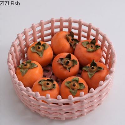 Round Ceramic Fruit Plate Woven Storage Basket Snack Candy Storage Ornaments Nordic Home Kitchen Drain Fruit and Vegetable Plate