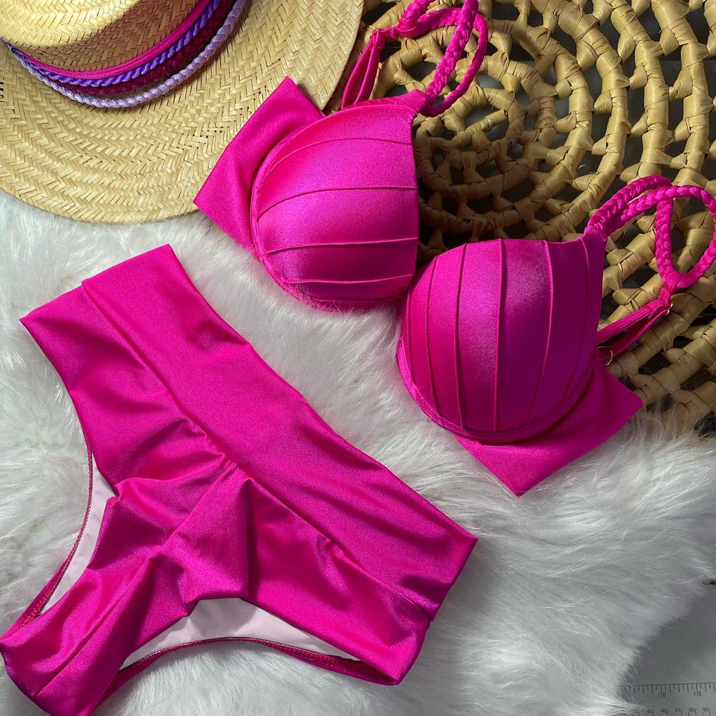 Push Up Bikini Set 2026 Sexy Women Swimsuit Shiny Swimwear High Waisted Bikini Brazilian Biquini Swimming Suit Solid Beachwear