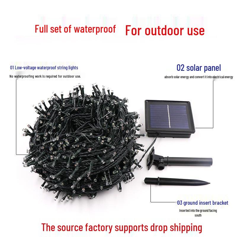 Remote-Controlled Solar Fairy String Lights, Waterproof, Dark Green Wire, Ideal for Christmas, Courtyard, and Camping Decorations.