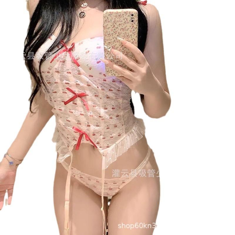 Sexy lingerie bow suspender corset steel tray with chest pad sexy lace cherry