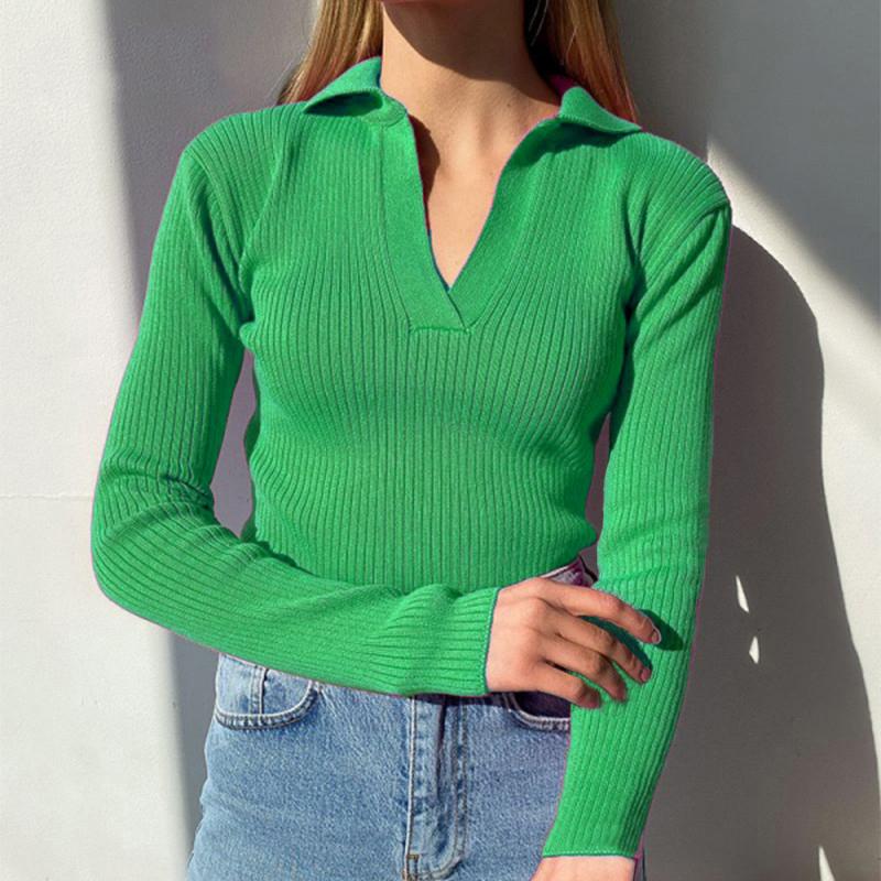 Casual Knitted Sweater Pullover Basic V Neck Long Sleeve Slim Fit T-shirt Female Autumn Winter Jumpers Top Women Clothes