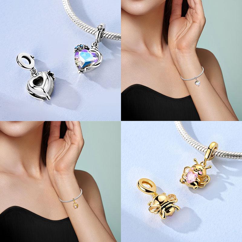 Copper Pink Planet Jade Dragonfly Charms Golden Bee Hugs Heart Beads Pendant Fit Original Bracelet Diy Jewelry