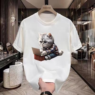 A New Fun Cat-printed Men's Short-sleeved T-shirt From An American Streetwear Brand, A Versatile Loose Pure Cotton T-shirt Top