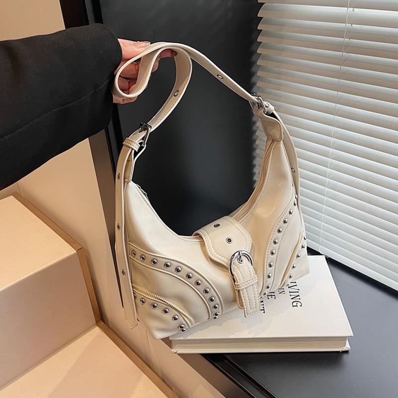 PU Leather Shoulder Bag for Women Rivets Studded Crescent Bag Buckle Underarm Bag Large Capacity Hobo Bag for Work Travel CLE
