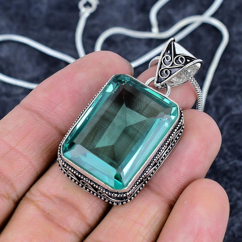 Green Amethyst Gemstone Handmade 925 Sterling Silver Jewelry Pendant 1.89" M-3205