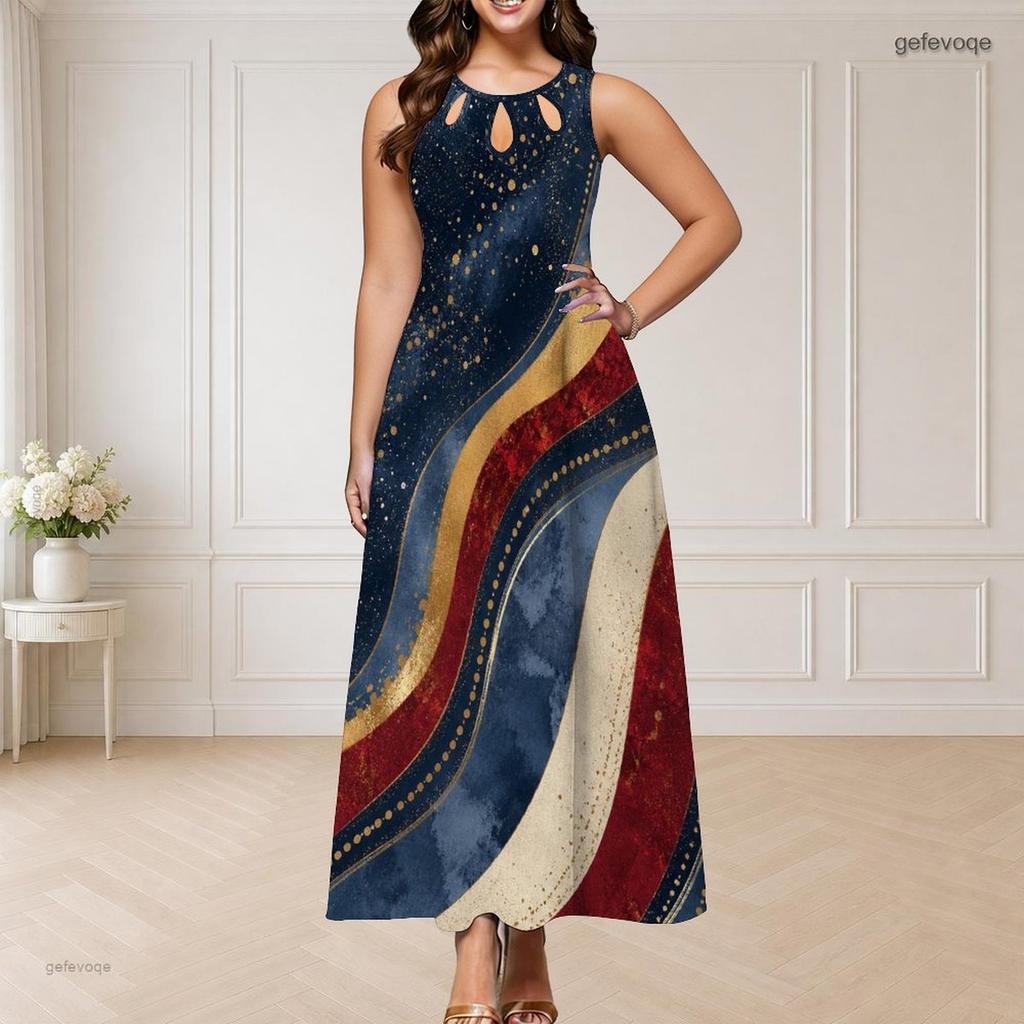 Women Plus Size Round Neck Triple Keyhole Sleeveless Printed Red Blue Silver Long Dress