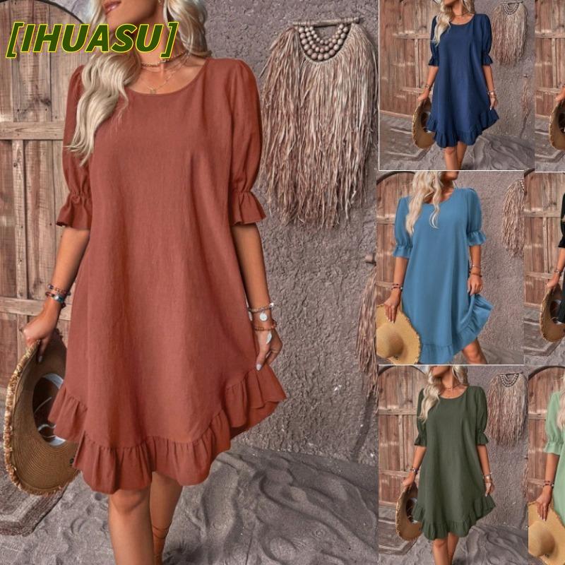 IHUASU Fashion Summer Spring Solid Color Print 1/2 Sleeves O-Neck Casual Dresses
