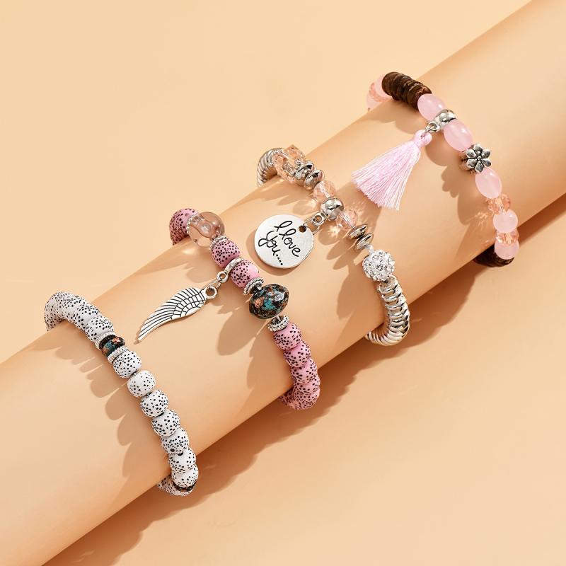 4PCS Bohemian Multi-Strand Beaded Bracelet Set with Fringe Tassel & Wing "I Love You" Charm - Women's Layered Jewelry Gift for Summer Fashion