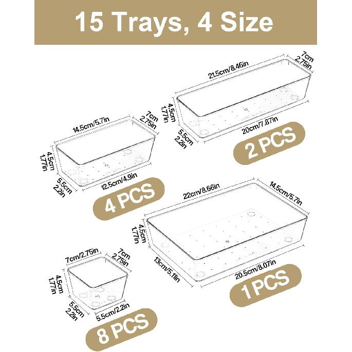 15Pcs Clear Plastic Drawer Organizers Set, 4size Makeup Drawer Organizer Trays for Vanity/desk/bathroom/office/nightstand/gadgets for Kitchen/desk