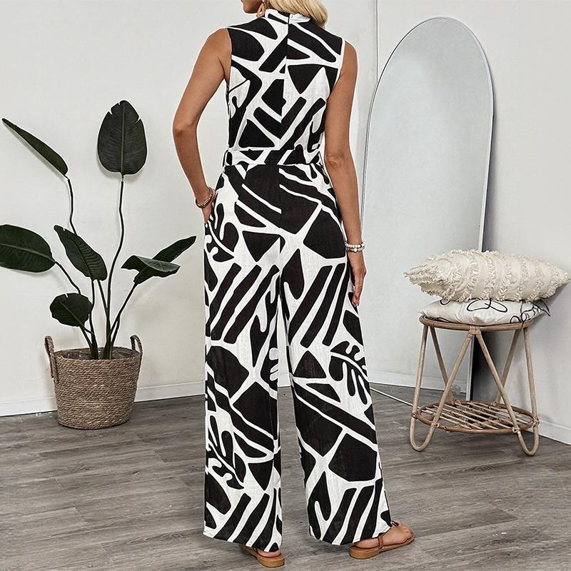 Dame V-hals Jumpsuit Bukser Sommer Ny Pendler Ermeløs Trykt Jumpsuit