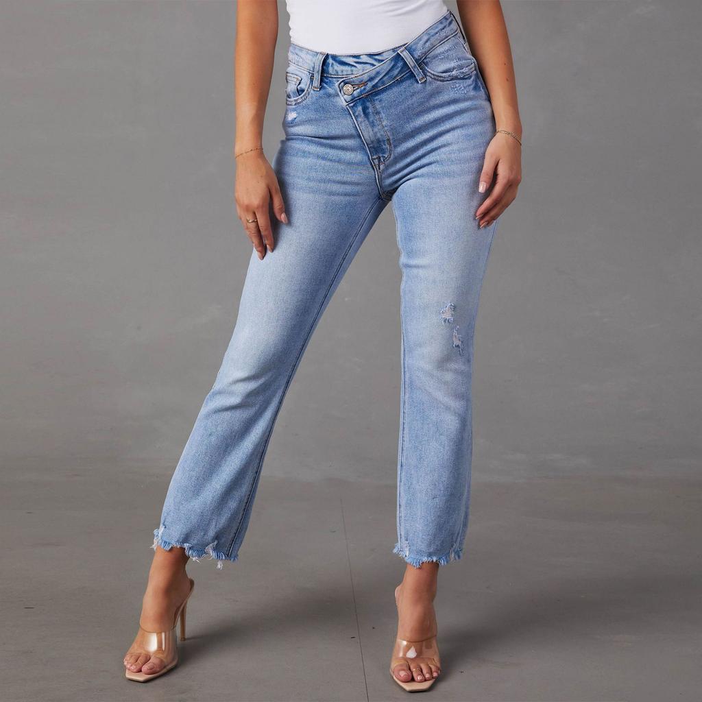 Damen Stretch Straight Jeans Mode Loch Washed Jeans