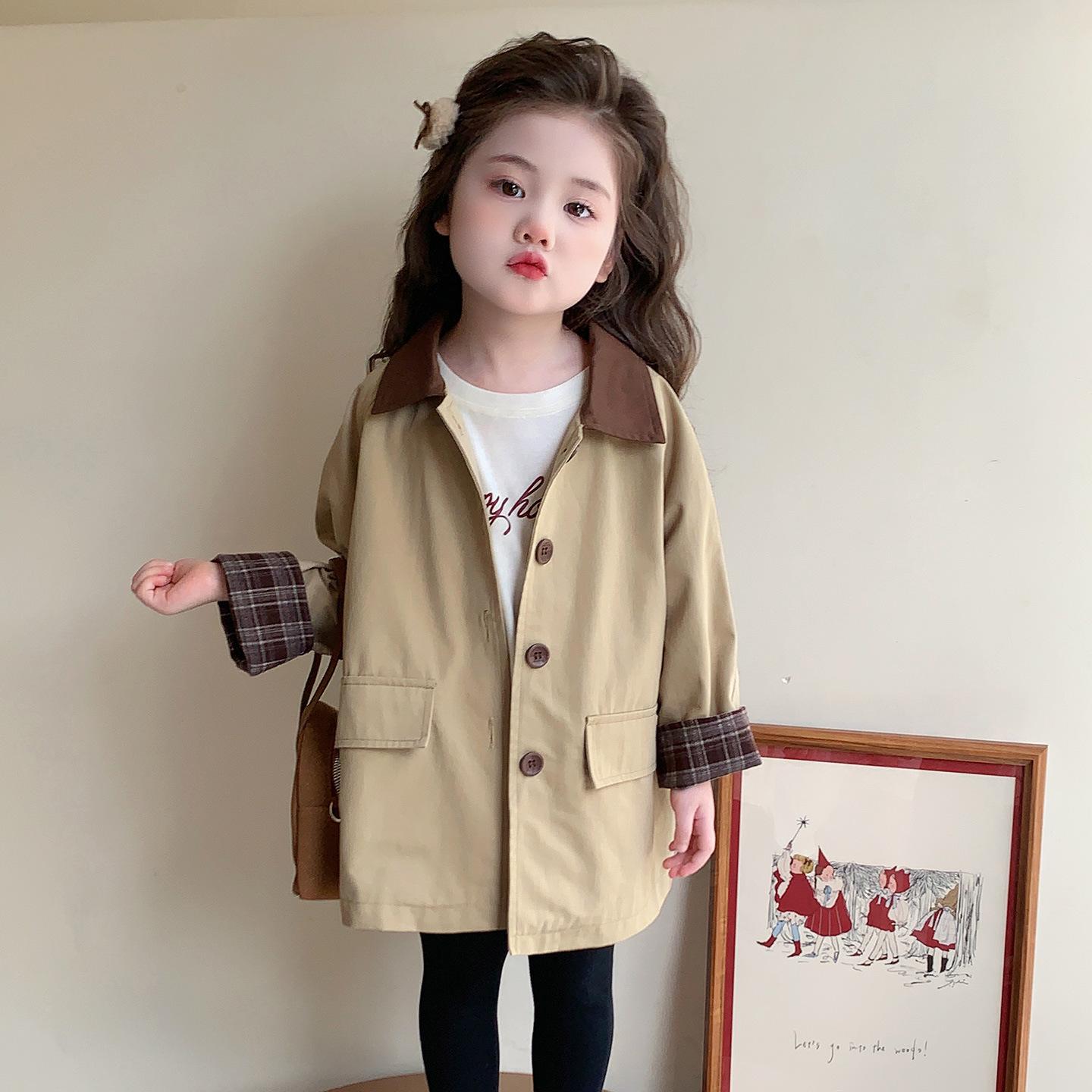 

2025 Girls Mid-Length Trench Coat: Stylish Spring & Autumn Korean-Style Outerwear for Baby Girls 130 cm хаки