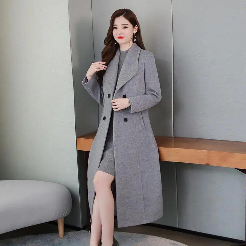 Women's 2023 Spring & Autumn Wool Windbreaker: Oversized, Over-the-Knee, Slim Waist, Long Lapel Coat
