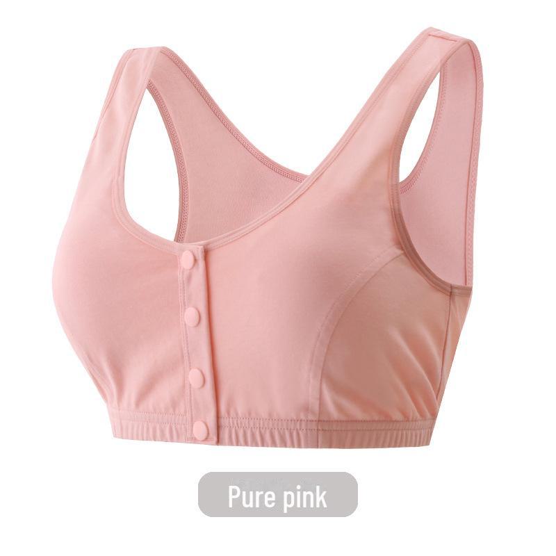 Zhangyan Pastoral Style Pure Cotton Bra: Large Cup, Front Buckle, Wide Back, Comfortable & Breathable for Middle-Aged and Elderly.