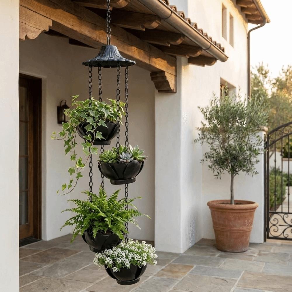 Weather-Resistant Lotus Shaped Hanging Planter Iron Multi-Tier Flower Pots Eave Rain Chain Balcony