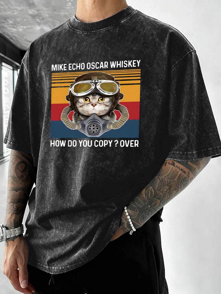 Cat Make Echo Oscar Whisky Prints MenS Washed TShirt Summer Loose Short Sleeve ONeck Cotton Streetwear Gym Casual T Shirts