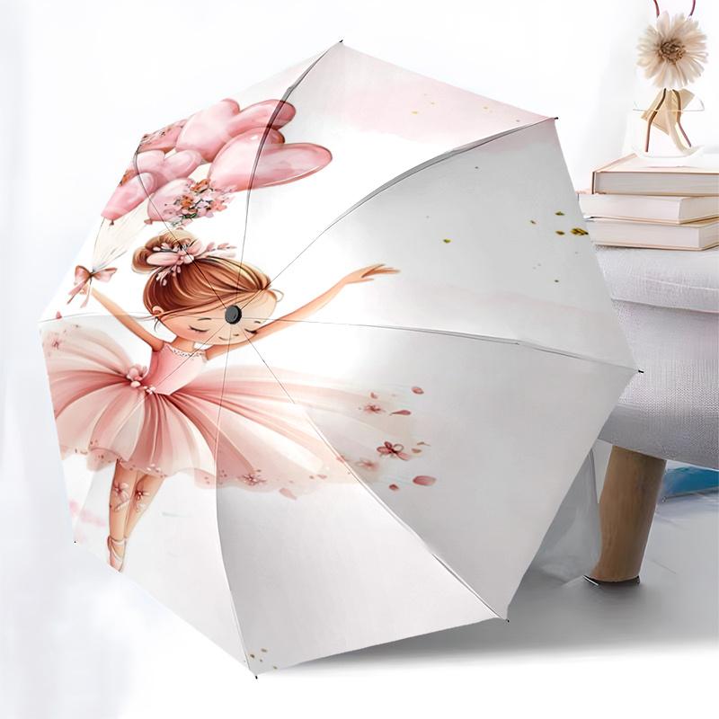 Pink Flower Balloon Ballet Girl Automatic Opening/Closing Umbrella - Portable Three-Fold Design with Iron Frame for Outdoor Use, Perfect Gif