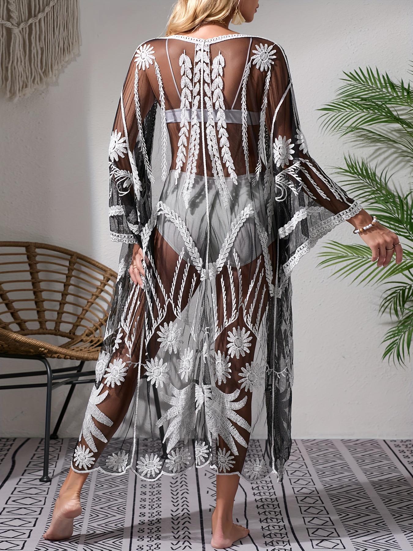 

Breezy Beauty, женская пляжная накидка в стиле бохо-шик — прозрачное сетчатое кимоно с вышивкой, завязывающейся талией, V-образным вырезом, короткими рукавами — идеально для лета One-size