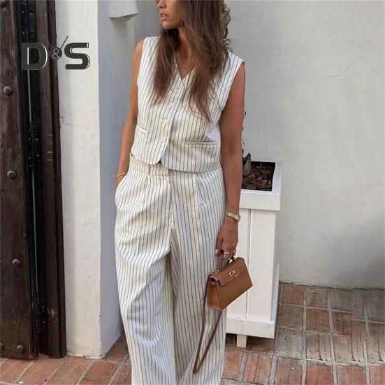 

Женский летний костюм, полосатый льняной повседневный костюм с v-образным вырезом, топ без рукавов, широкие брюки, свободный комплект из двух предметов для повседневной носки, свиданий, работы S белый