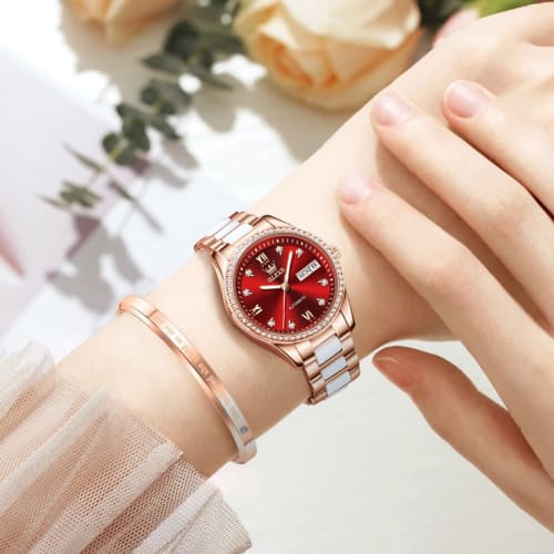 OLEVS Women's Watch Popular Mechanical Arm Watch Women's Stylish Date Cute Bracelet Present Ceramic Red